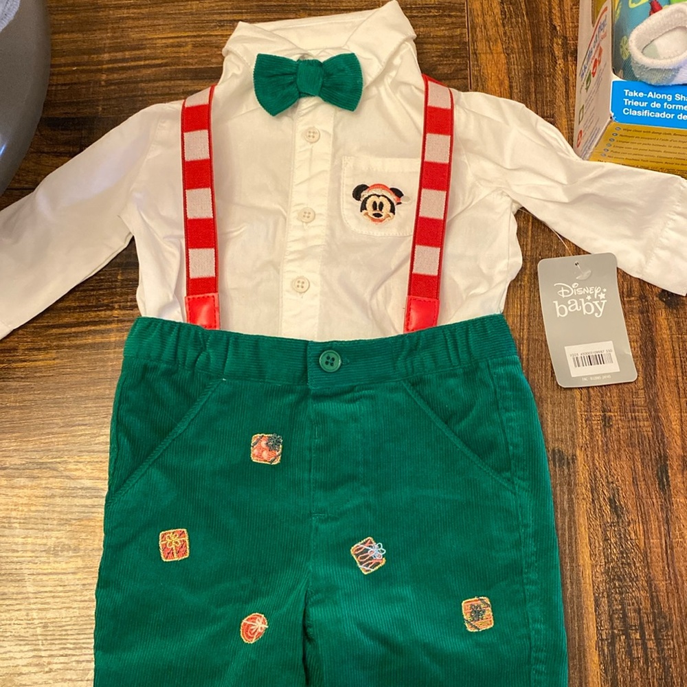 NWT Disney Baby Christmas Long Sleeve Button Up Shirt w/ Corduroys + Suspenders